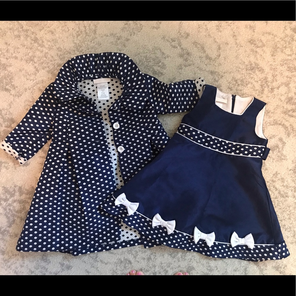 Navy Polka Dot Dress & Coat - 24 Months